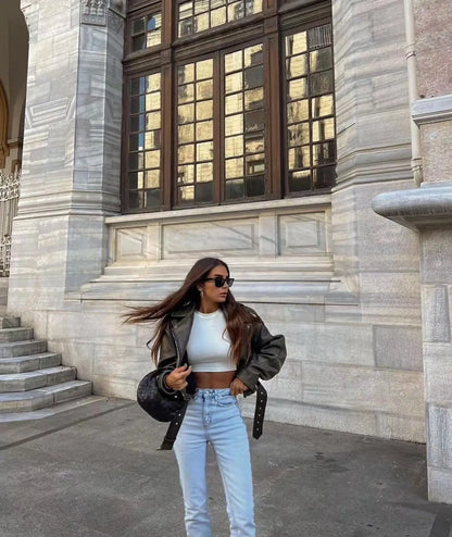 Women Vintage Leather Short Jacket with Belt