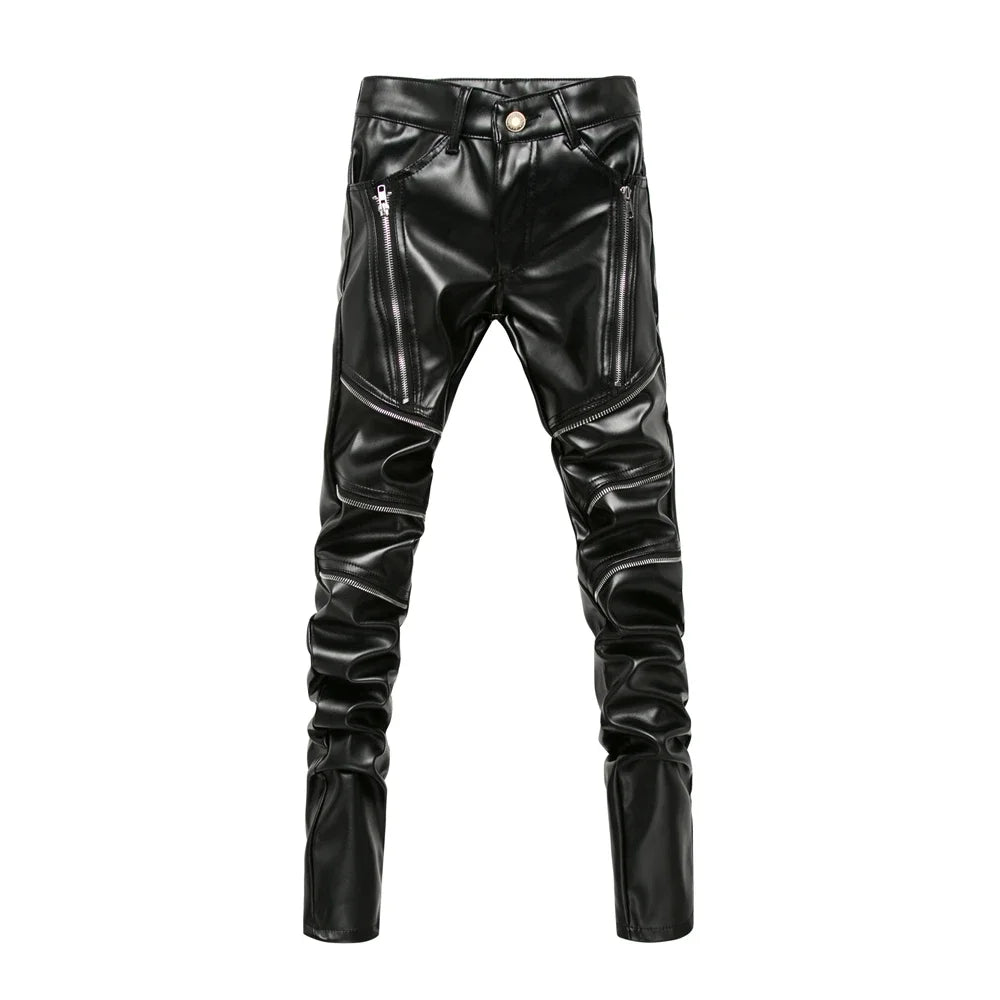 New Winter Men Skinny Leather Pants High Street Fashion Motorcycle Trousers