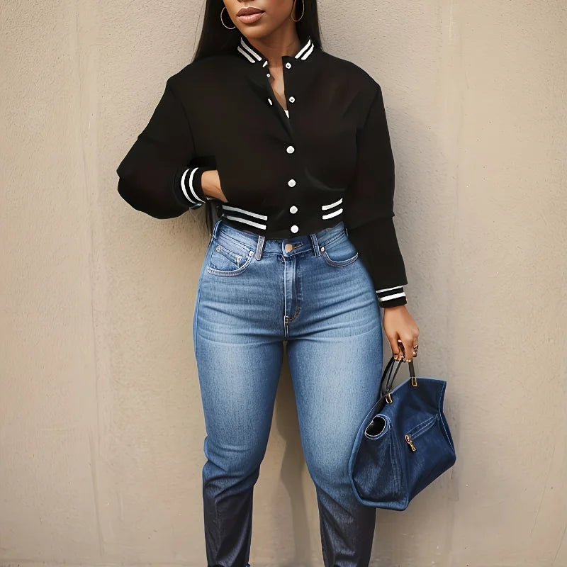 Women's Pure Color Jacket Single-breasted Baseball Jacket