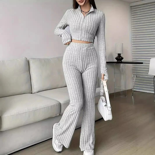 Long Sleeved Short Top and High Waisted Flared Pants Set for Women's Casual Wear