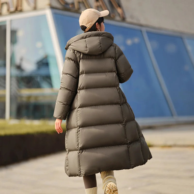 Women Long Length Loose Hooded Coat Simple Down Jacket
