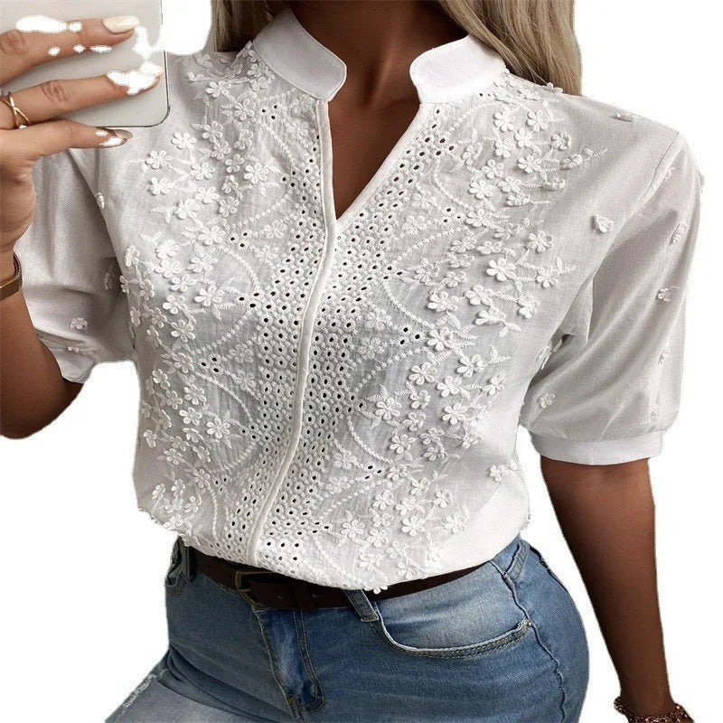 Short Sleeve White Shirt Vintage Tops Crochet Hollow Blouses For Women