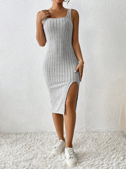 Women  Sleeveless Square Collar Side Slit Skirt Dress