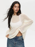 Pullover Women's Solid See-through T-Shirt Loose Casual Pullover
