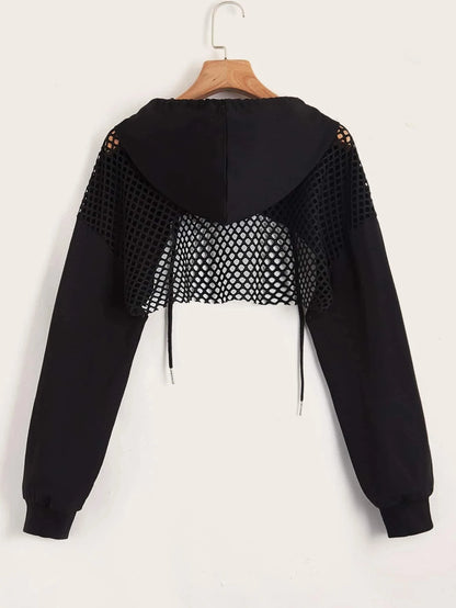 Street Sport Drop Shoulder Drawstring Hollow Out Super Crop Sports Hoodie