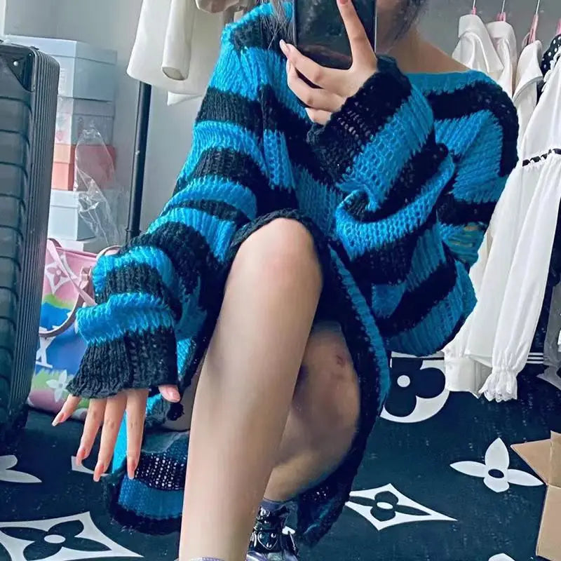 Unisex Sweater Summer Women Striped Cool Hollow Out Hole Streetwear Top