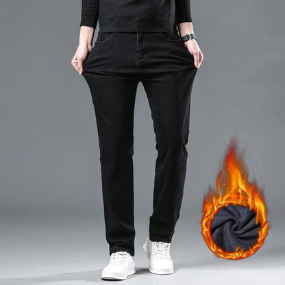 Men Black Straight Stretch Denim Thick Velvet Pants