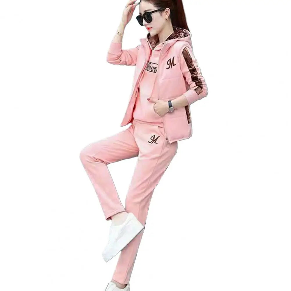 Women's Waistcoat Set Letter Embroidery Hooded Drawstring Elastic Cuff Soft for Fall