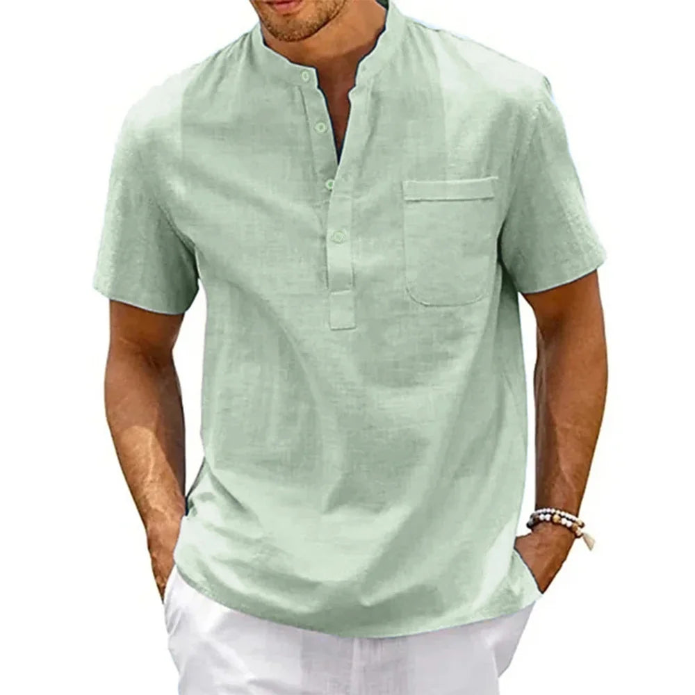 Cotton Shirt Men Neck Pocket Casual Beach Short T-shirts Vintage Streetwear