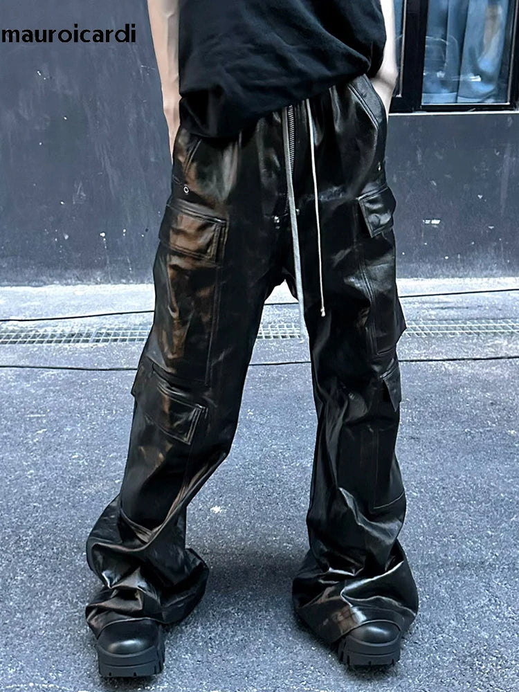 Autumn Cool Black Shiny Reflective Leather Wide Leg Pants for Men