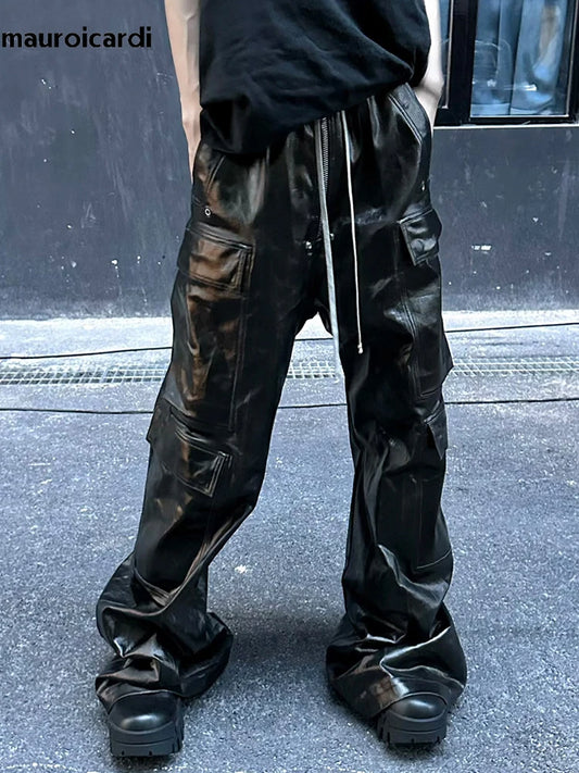 Autumn Cool Black Shiny Reflective Leather Wide Leg Pants for Men