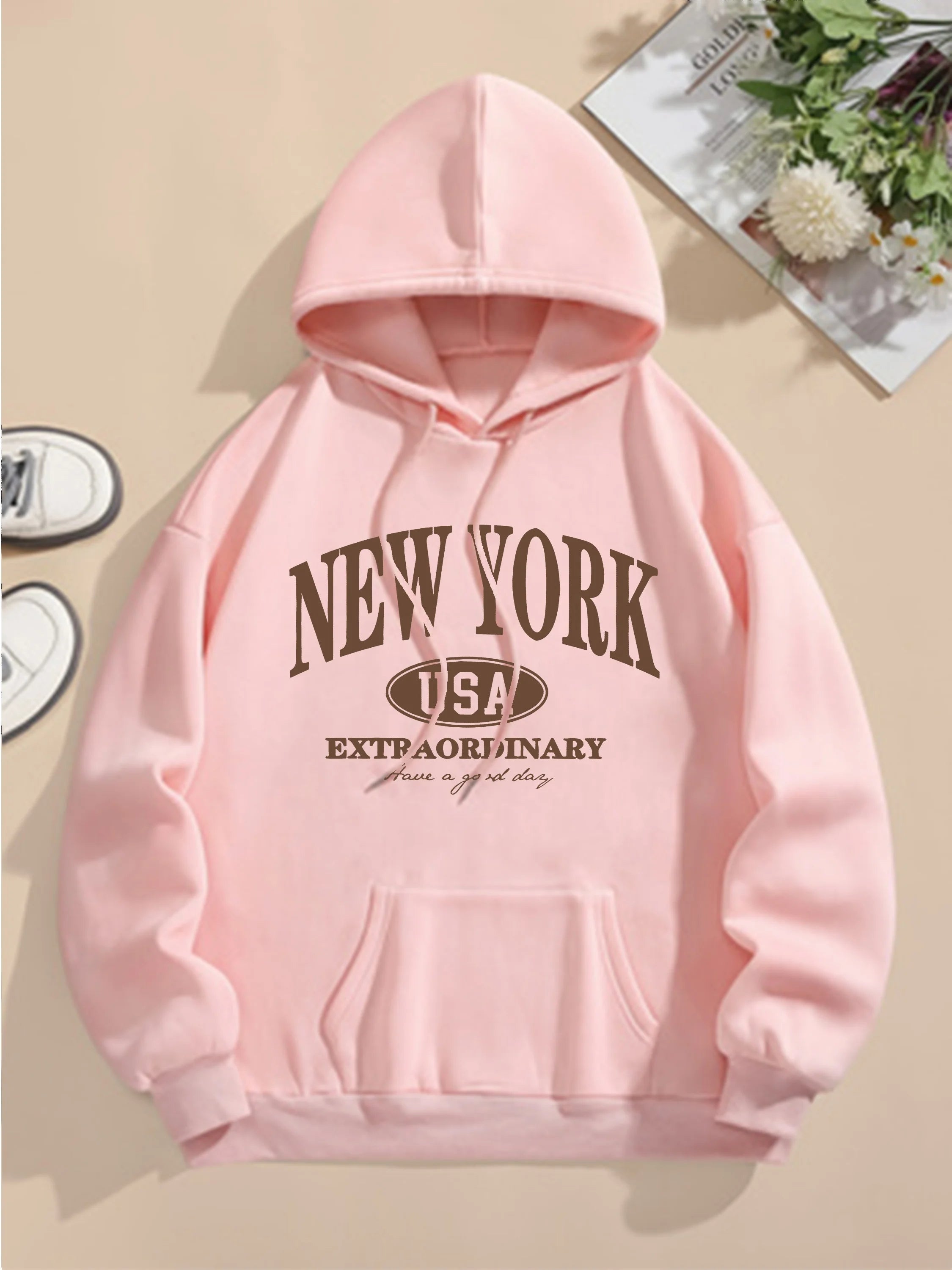 Letter Print Hoodie Casual Hooded Sweatshirt For Winter & Fall, Women's Clothing
