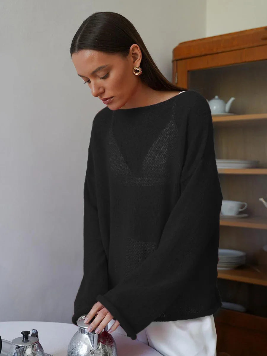 Pullover Women's Solid See-through T-Shirt Loose Casual Pullover