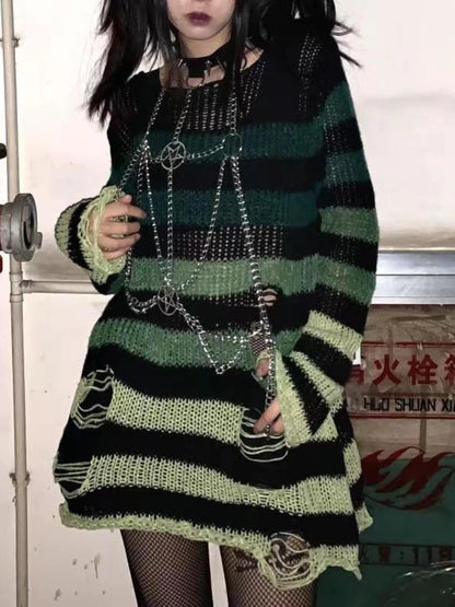 Unisex Sweater Summer Women Striped Cool Hollow Out Hole Streetwear Top