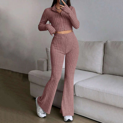 Long Sleeved Short Top and High Waisted Flared Pants Set for Women's Casual Wear