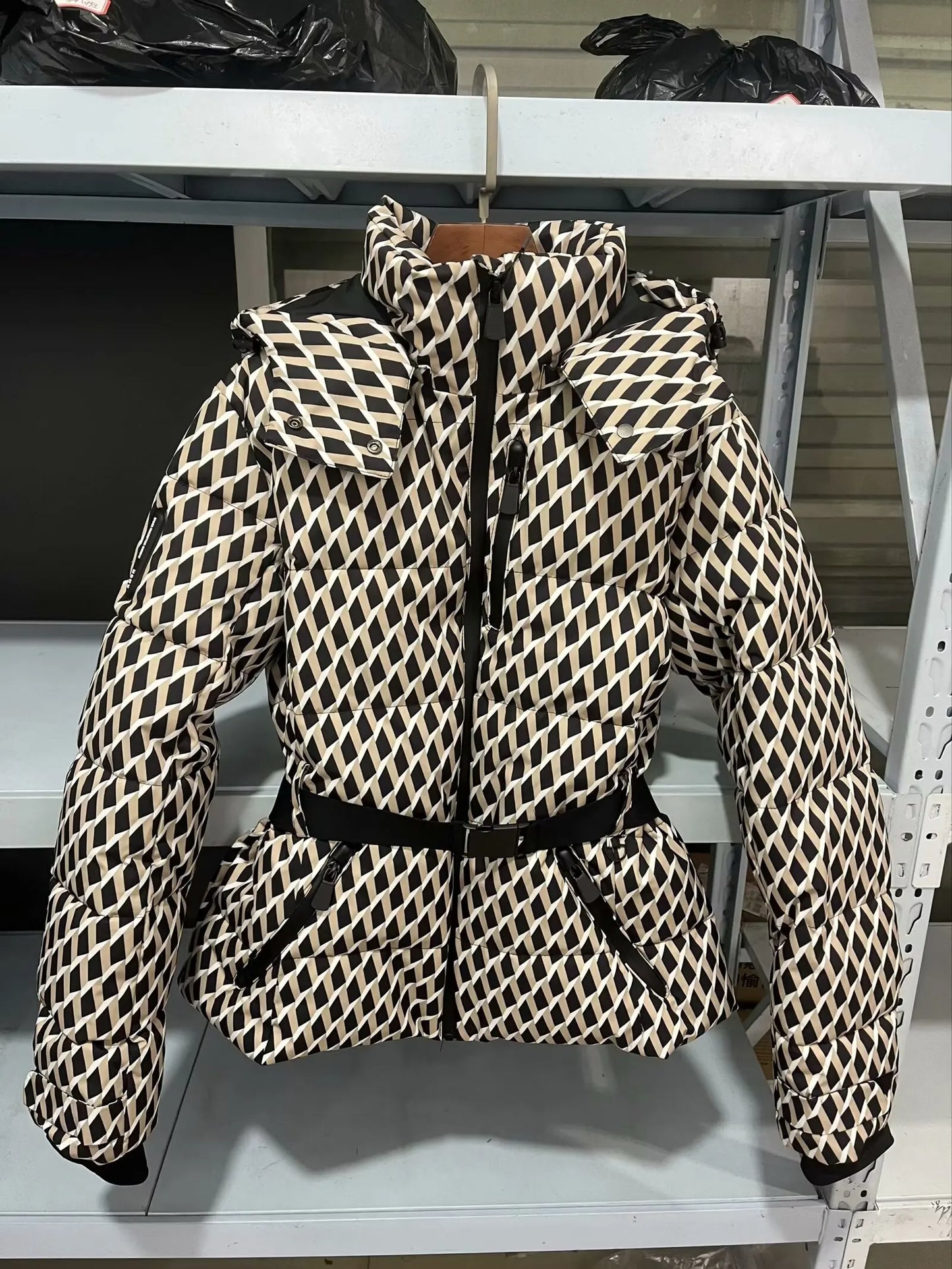 women's fashion waist with belt hooded down cotton jacket