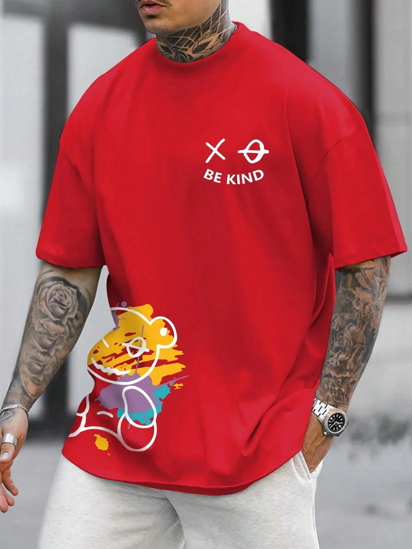 Men's 100% pure cotton print casual comfortable round neck T-shirt top