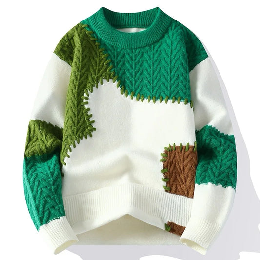 Men Sweater Patchwork Casual Knit Pullovers