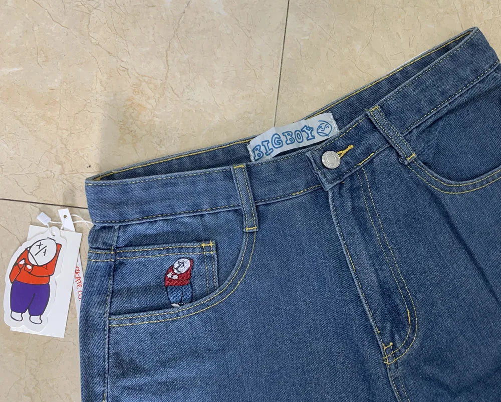 Streetwear Gothic Cartoon Blue Baggy Jeans Retro Punk Rock High Waist Denim Trousers
