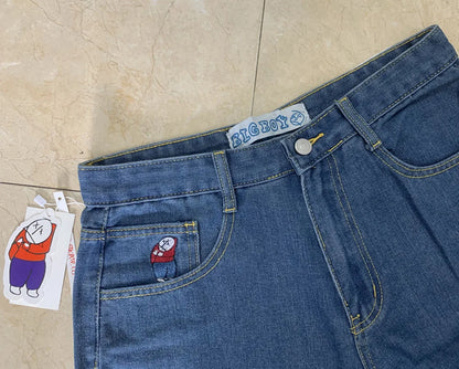 Streetwear Gothic Cartoon Blue Baggy Jeans Retro Punk Rock High Waist Denim Trousers