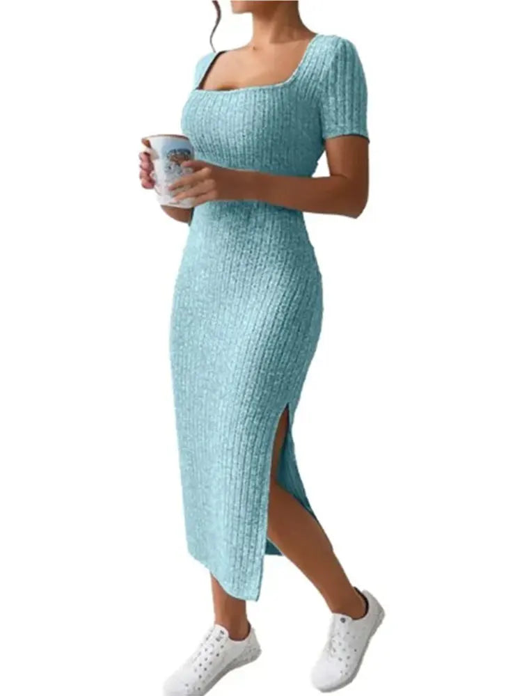 Square Neck Hip-Hugging Mid-Length Skirt, Short-Sleeved