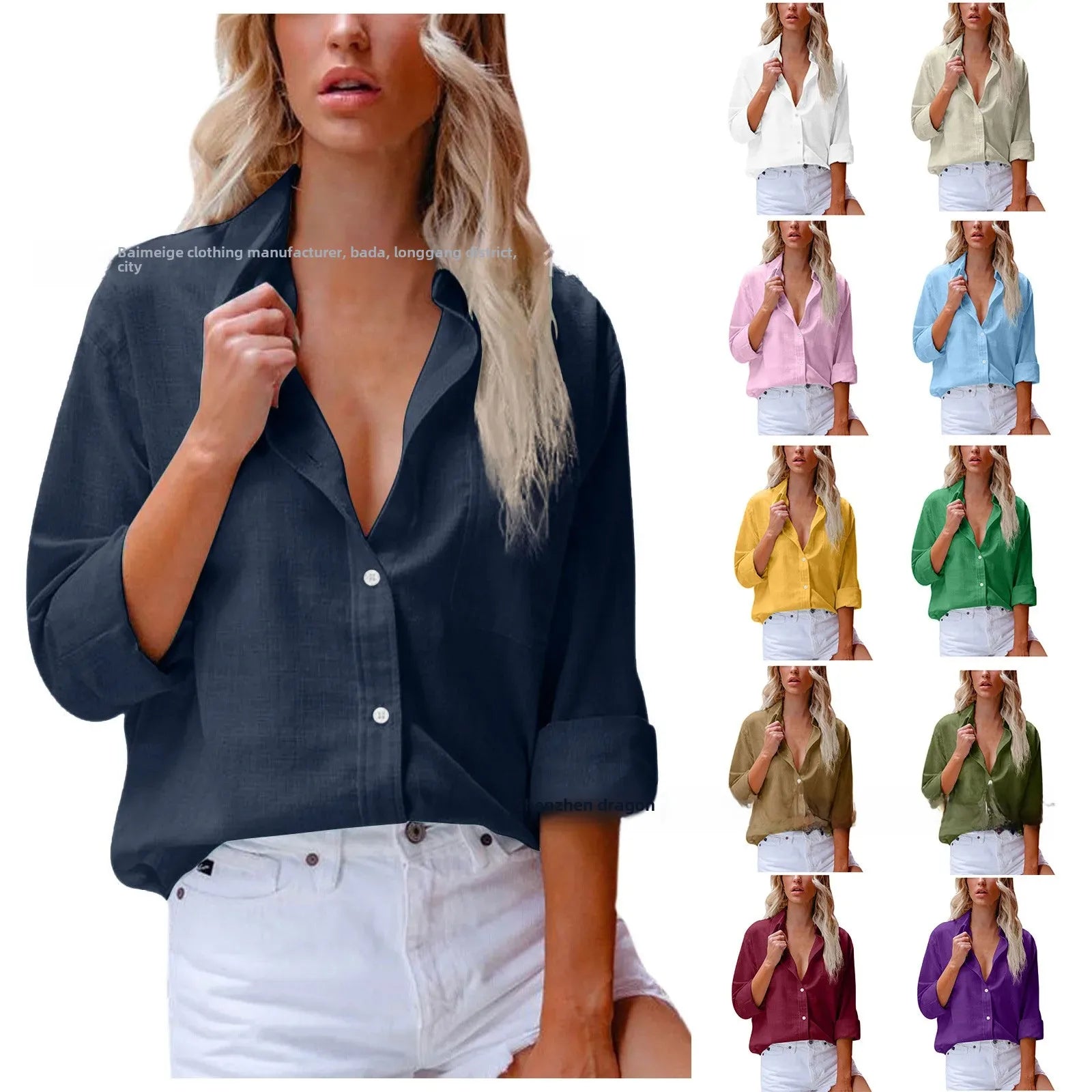 New Export Single-breasted Lapel Pure Color Long-sleeved Cotton Loose Shirt for Women