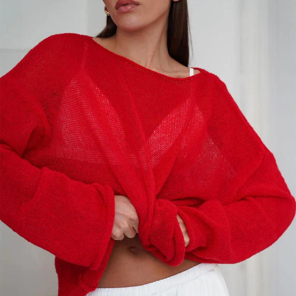 Pullover Women's Solid See-through T-Shirt Loose Casual Pullover