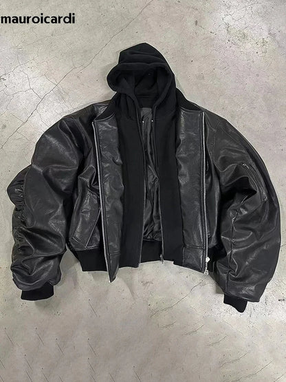 Winter Oversized Cool Black Thickened Warm Pu Leather Bomber Jacket Men