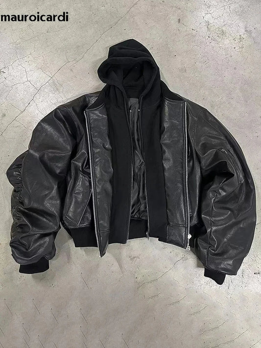 Winter Oversized Cool Black Thickened Warm Pu Leather Bomber Jacket Men