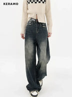Streetwear Women High Waist Jeans Loose Wide Leg Straight Loose Denim Trousers