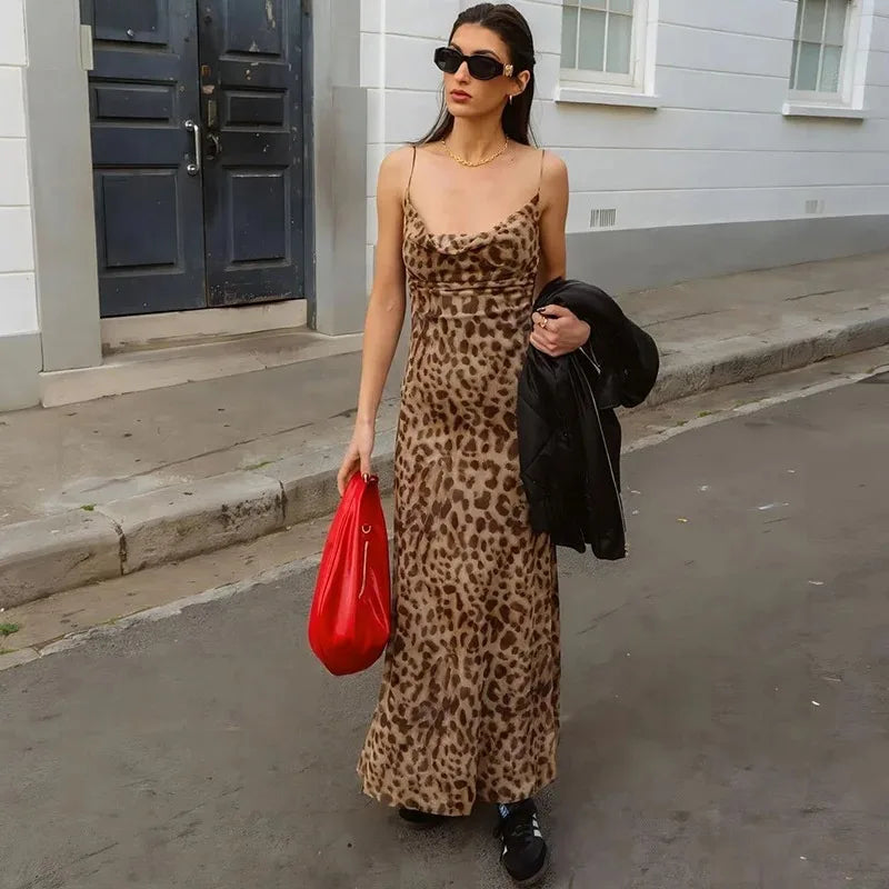 Leopard print V-neck backless street dress