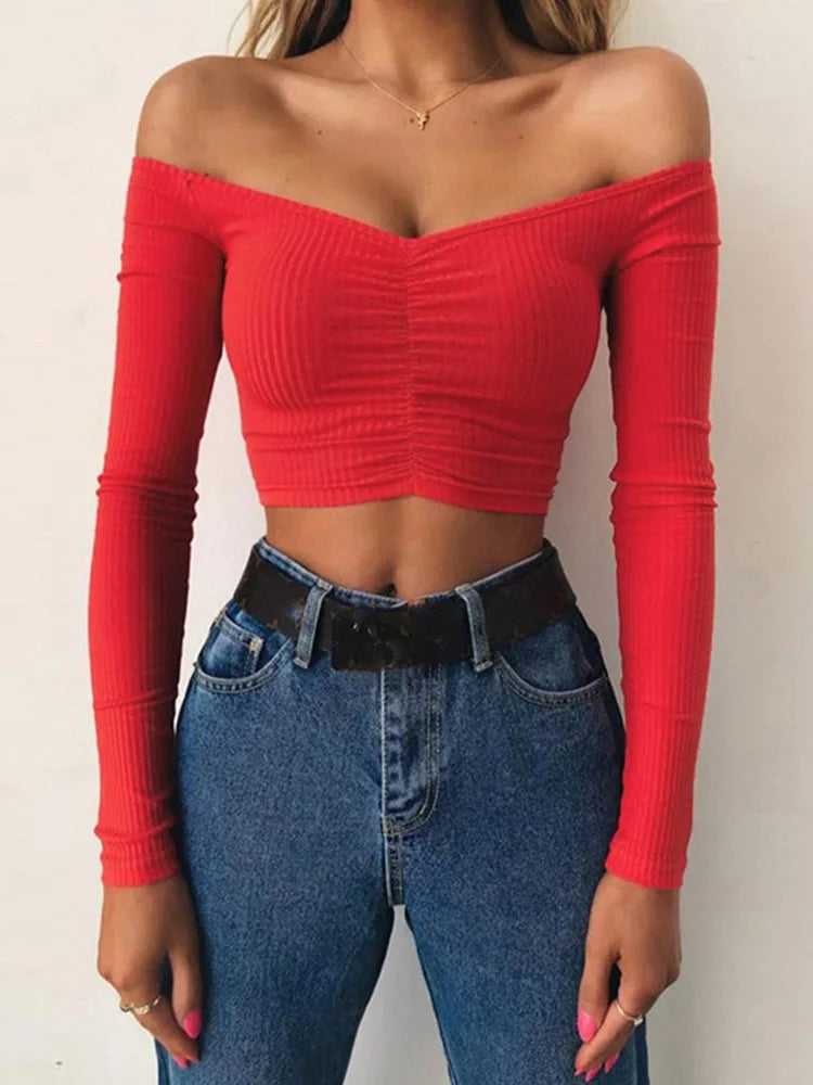 Women T-shirts sexy long sleeve off shoulder