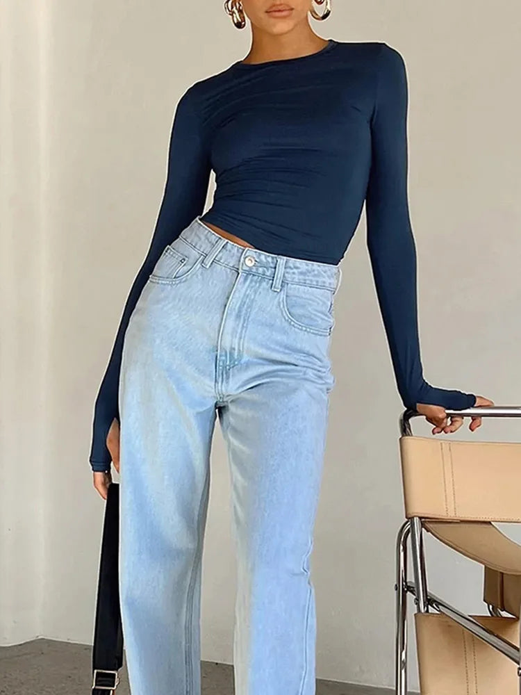 Women T-shirt Long Sleeve Crew Neck Solid Slim Fit Ladies Crop Top