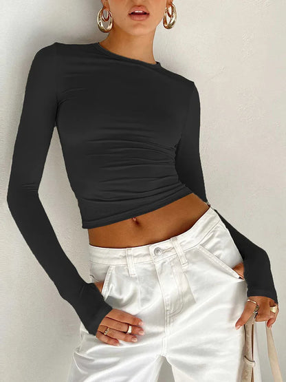 Women T-shirt Long Sleeve Crew Neck Solid Slim Fit Ladies Crop Top