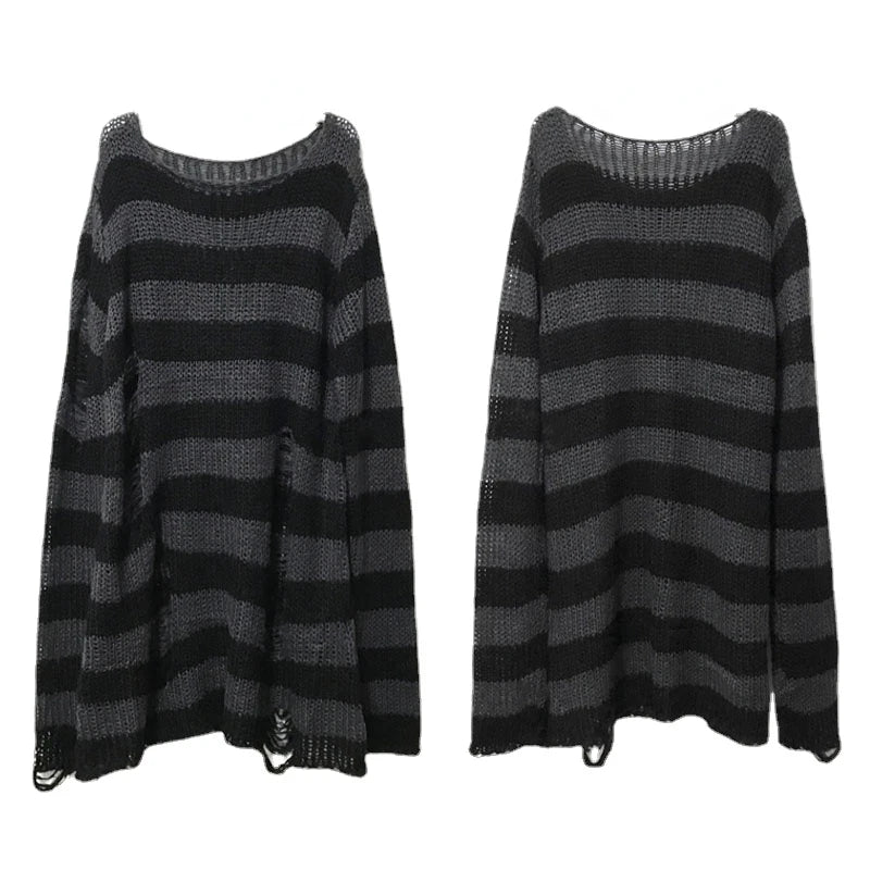 Unisex Sweater Summer Women Striped Cool Hollow Out Hole Streetwear Top