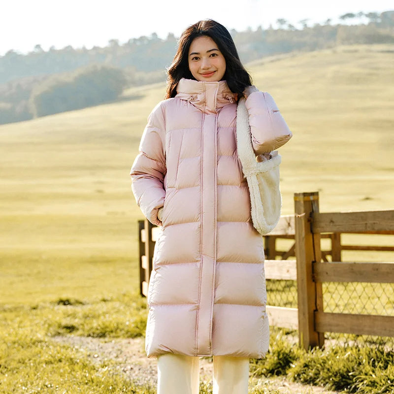 Women Long Length Loose Hooded Coat Simple Down Jacket