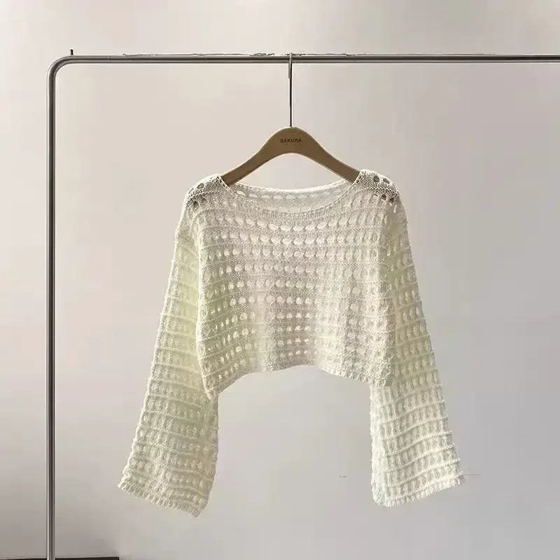 Long Sleeve Crochet Knit Top Pullover Wool Knitwear Outfit