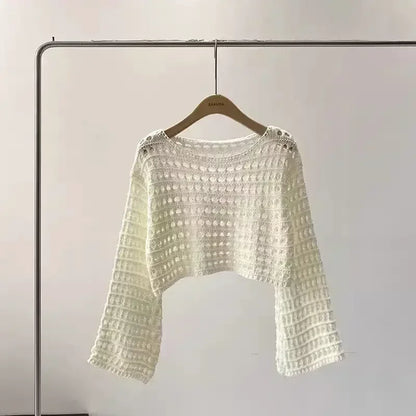 Long Sleeve Crochet Knit Top Pullover Wool Knitwear Outfit