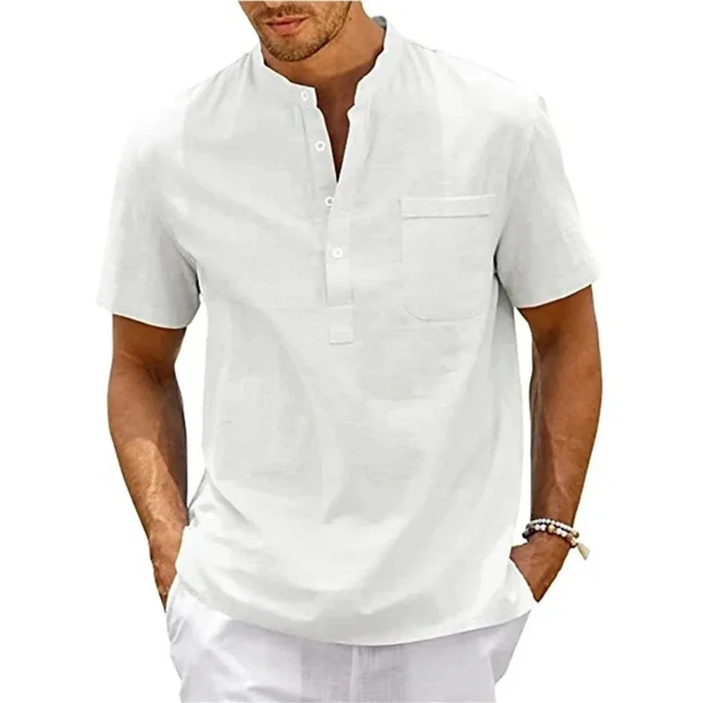 Cotton Shirt Men Neck Pocket Casual Beach Short T-shirts Vintage Streetwear