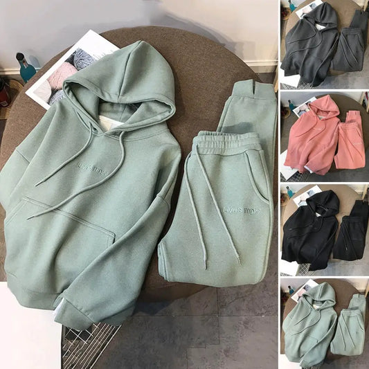 Top Trousers Set Shrinkable Solid Color Women Hoodie Jogging Pants