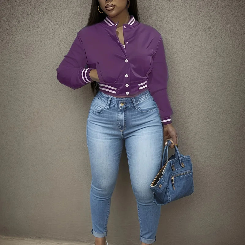 Women's Pure Color Jacket Single-breasted Baseball Jacket