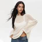 Pullover Women's Solid See-through T-Shirt Loose Casual Pullover