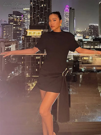 Woman Ribbons Slim O-neck Short Sleeve Above Knee Dresses