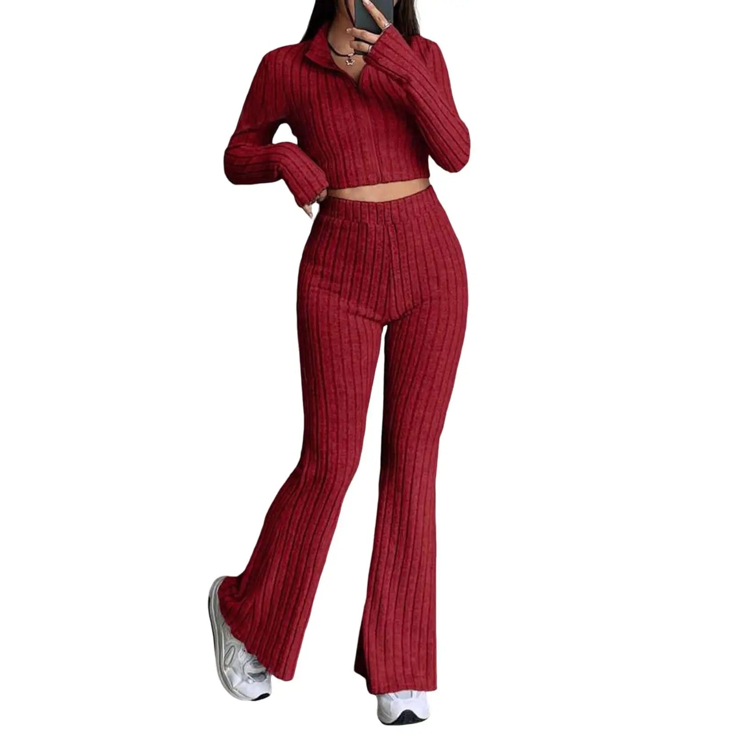 Long Sleeved Short Top and High Waisted Flared Pants Set for Women's Casual Wear