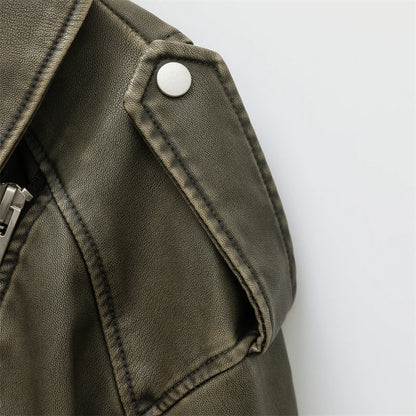 Women Vintage Leather Short Jacket with Belt
