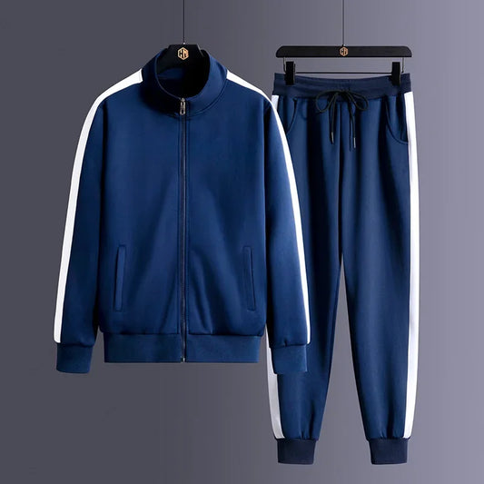 Men Zip Pocket Running Sets Striped Sporting Suit Jacket+ Sweatpants