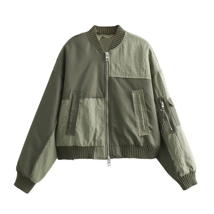 Women Patchwork Zipper Pockets Oversized Jackets 2025