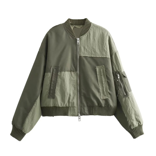 Women Patchwork Zipper Pockets Oversized Jackets 2025