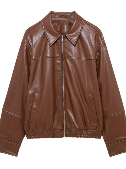 Fashion Green Loose Leather Jackets Women's  Long Sleeve Short Coats
